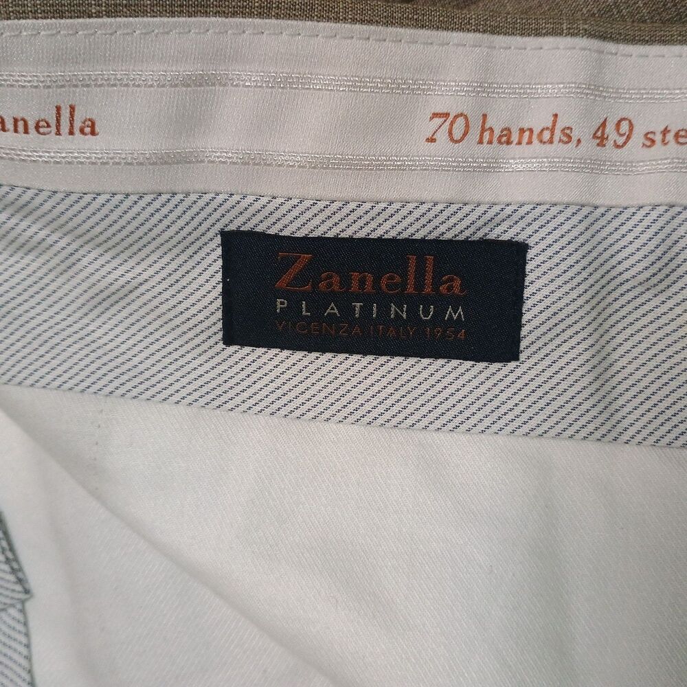 Zanella Parker Shark Skin Trousers 40 Brown 100% Wool Flat Front Premium - Picture 4 of 14